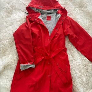 Helly Hansen Bright Red Hooded Trench Raincoat with Tie Belt
